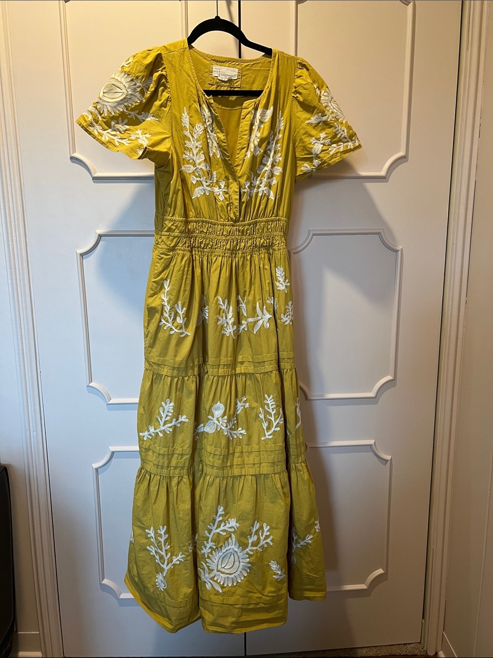 Anthropologie Yellow Maxi Dress with White Floral Embroidery